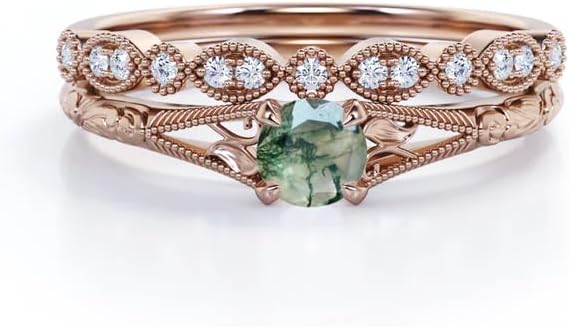 Vintage Perfect Scrollwork 1.25 carat Round Cut Moss Green Agate and CZ Diamond Split Shank Bridal Set with Matching Milgrain Wedding Band in 925 Sterling Silver with Plating for her