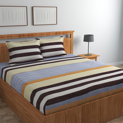 Image of Blue Strip 300 TC Cotton Feel Glace Cotton Flat Printed Queen Size Double Bed Bedsheet with 2 Pillow Covers,Size- 90 x 100 Inches