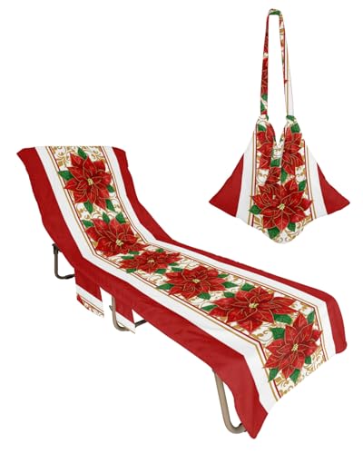 Red Poinsettia Christmas Beach Lounge Chair Towel Cover, Soft Chaise Lounge Towel with Side Pockets Patio Pool Chairs Cover for Beach/Pool Sunbathing 29x85 Xmas Botanical Floral