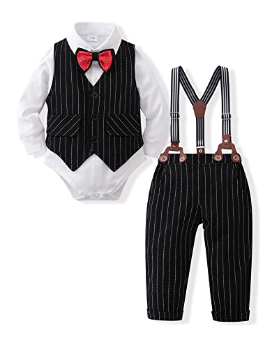 SANMIO Toddler Baby Boy Clothes Suit 4pcs Baby Boy Dress Clothes Dress Shirt with Bow tie + Suspender Pants Outfit Sets