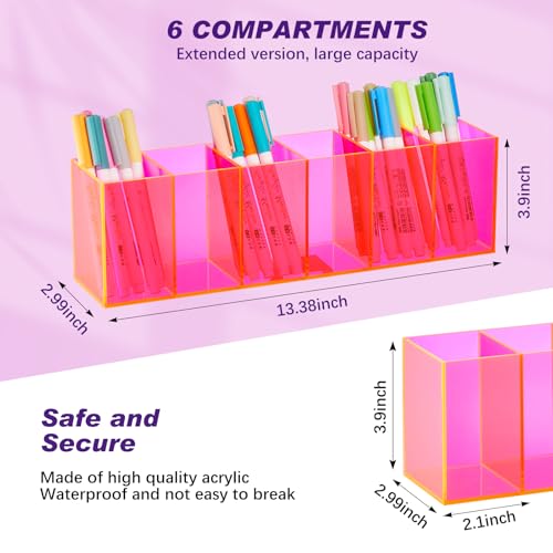 Image of Jetec Acrylic Pen Holder 6 Compartments Makeup Brush Stationery Organizer Pencil Holder for Desk Accessories, Cosmetic Brushes, Dorm, Home, Bathroom, Kitchen, Office Supplies(Neon Pink)