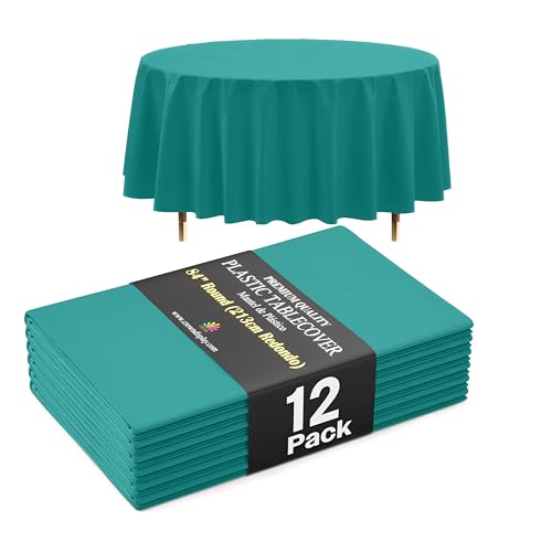Image of Exquisite 66% Thicker Premium Teal Round Tablecloth 0.5 Mil 12 Pack Plastic Table Cloth Disposable 84 Inch Round Plastic Tablecloth Won't Tear Easily Like Cheap Thin Brands