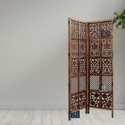 Image of Wooden Room Divider 2 Panel 6 Feet | Freestanding Room Partition Screen with Burnt Wood Finish | Hand Buffed Traditional Handicraft Design