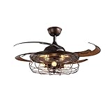 SILJOY 48' Reversible Industrial Ceiling Fan with Lights and Remote Vintage Caged Retractable Blades...