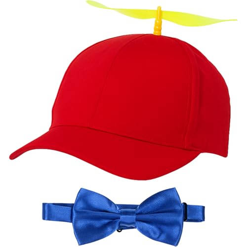 Sintege 2 Pcs Propeller Hat Nerd Silly Twirly Cap Helicopter Hat with Spinner and Adjustable Bowtie for Costumes (Red and Blue)