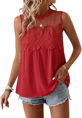 Funlingo Lace Mesh Tops for Women Crew Neck Swing Flared Embroidered Blouses Dressy Casual Tunic Shirt Summer Boho Red Peplum Top Red S — view 2