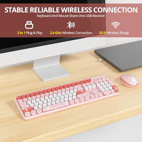 Image of Owpkeenthy Cute Keyboard and Mouse Wireless, Colorful Keyboard Retro Typewriter Style Full-Sized with Number Pad Round Keys for Desktop, Laptop and Computerr (Bunny Pink)