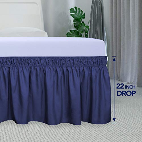 PureFit Wrap Around Ruffled Bed Skirt with Adjustable Elastic Belt - 22 Inch Drop Easy to Put On, Wrinkle Free Bedskirt Dust Ruffles, Bed Frame Cover for Queen, King and C-King Size Beds, Navy