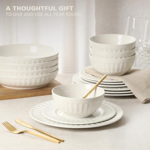 Image of Gibson Home Melbourne White Plates and Bowls Set, 16 Piece Embossed Ceramic Dinnerware Set - Service for 4 Dishes - With Pasta Bowl