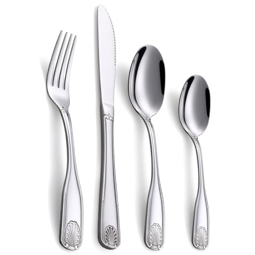Deeny Jarte Cubertería de Plata de 16 Piezas con Diseño de Concha – Acero Inoxidable, Pulido a Espejo, Apta para Lavavajillas, Ideal para 4 Personas (Cuchillos, Tenedores, Cucharas)
