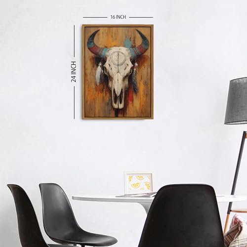 Image of Western Bull Skull Wall Art Framed Rustic Tribal Cow Skull Painting with Feathers, Southwestern Boho Canvas Wall Decor Western Farmhouse Artwork for Living Room Bedroom Office Home Decorations 16x24