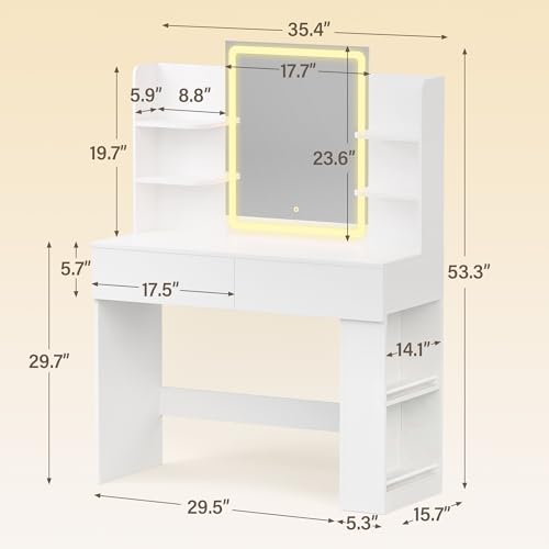 Image of YESHOMY 35.4 Inch Vanity Desk with LED Mirror&Lights Classic White