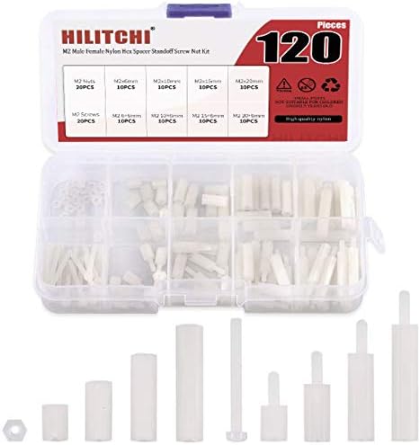 Hilitchi 120pcs M2 Male Female Nylon Hex Spacer Standoff Screw Nut Assortment Kit (Nylon M2)
