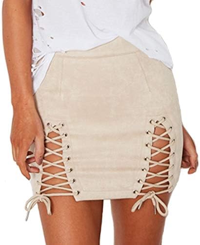Aliwendy Women Sexy Criss Cross Tight Bodycon High Waist Faux Suede Stretch Mini Skirt(Beige Medium)