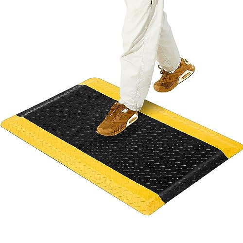 Timgle Anti Fatigue Floor Mat Industrial 2' x 3' Heavy Duty Standing Mats 7/8 inch Thick Sponge Base Industrial Floor Mats for Workplace Garage Kitchen Shop Office, Black with Yellow Border