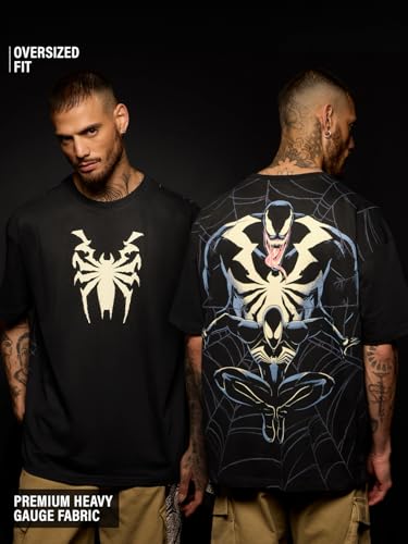 Image of The Souled Store Official Marvel: Spider x Venom Oversized T-Shirt for Men Boys Cotton Casual Half Sleeves Baggy Loose Fit Drop Shoulder Round Neck Black