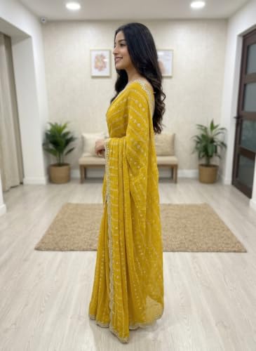 Image of RADHA Women's Embroidery Work Saree with Designer Border for Festive and Traditional Ethnic Drape Saree with Detailed Thread Style Pattern and Elegant Occasion Look