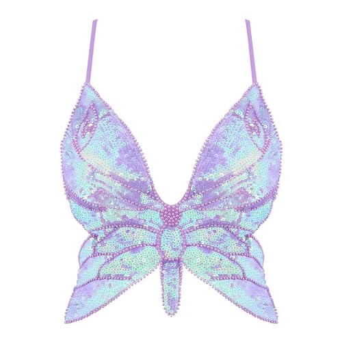 Mocure Womens Sparkly Butterfly Sequin Crop Tops Sexy Trendy Sleeveless Cute Butterfly Halter Tops Rave Wrap Tube Vest Top for Belly Dance Costume Outfits