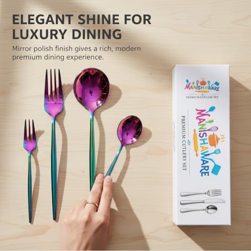 Image of Classic Rainbow 24 Pcs Stainless Steel Cutlery Set for Dining Table, Dishwasher Safe Glossy Flatware (Perfect Spoon Fork Set)