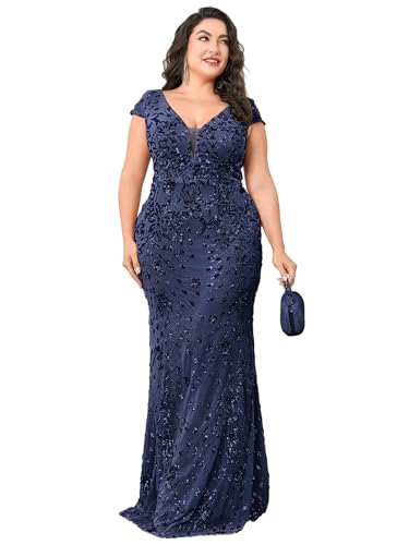 Image of Plus Size Womens Sequined Long Evening Gown Glamous Sleeveless V-Neck Mermaid Prom Dress for Wedding Party