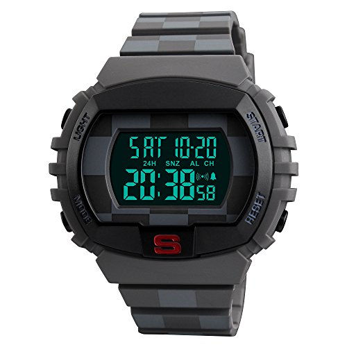 TONSHEN Relojes Hombre Deportivo Grande Plastico Caja y Goma Correa LED Electrónica Alarma Doble Tiempo Outdoor Militar Impermeable 50M Resistente al Agua Reloj de Pulsera (Gris) Cover