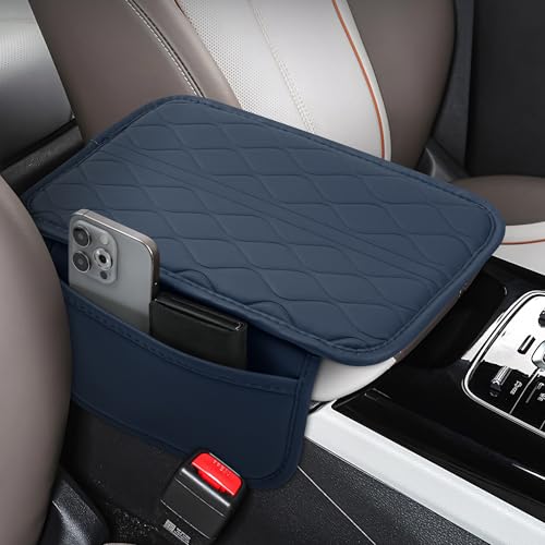 frani Car Center Console Cover,Leather Car Armrest Cover with 2 Storage Bags,Universal Car Arm Rest Cover,Car Interior Accessories Protector for Most Vehicle Blue