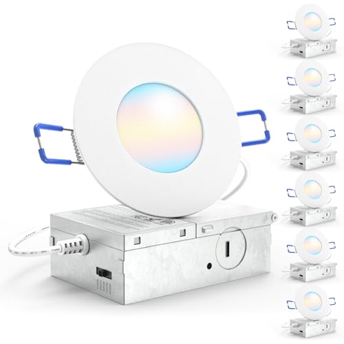 Sunco 6 Pack 3 Inch Recessed LED Lights Ultra Thin Ceiling Lighting 500 LM 8W (50W Equivalent) Selectable 2700K/3000K/4000K/5000K/6000K Dimmable Wafer Thin Canless with Junction Box