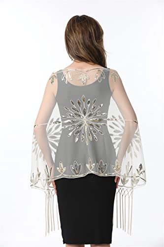 Women's Glittering Scarf Mesh Sequin Wedding Cape Fringed Evening Shawl Wrap for Wedding Evening Dresses Beige2