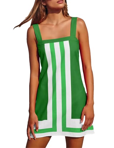 Image of Womens Summer Casual Color Blocked Dresses Striped Mini Dress Sleeveless Strap Beach Sundress Cover Up Dresses