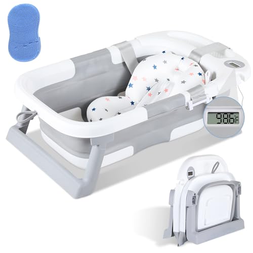 Image of Kirumie Collapsible Baby Bathtub, Portable Travel Baby Bath Tub with Thermometer & Soft Cushion, Foldable Bathtub for Newborn to Toddler 0-36 Month, No-Slip Hanging Durable Tubs wih a Cradle Cap Brush