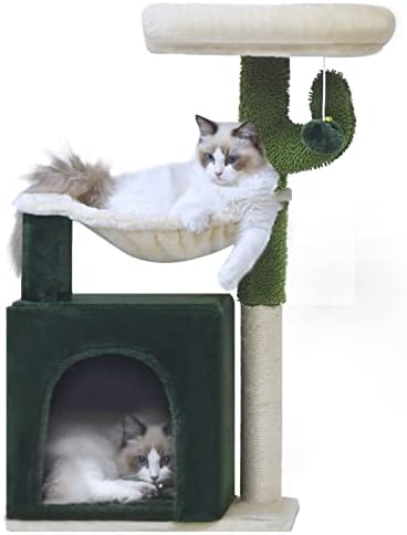 BYPASS Cat Tree 30" Cactus Cat Tower with Sisal Scratching Post for Indoor Cats, Cozy Condo with Hammock, Plush Perches and Dangling Ball, Cat Furniture for Kittens Small Cats