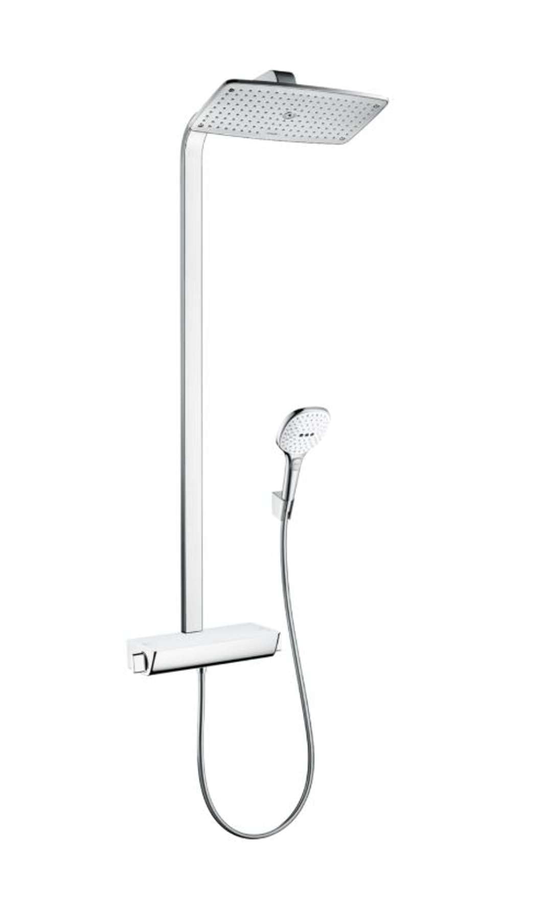 hansgrohe Raindance E - komplet prysznicowy z termostatem, zestaw prysznicowy z główką prysznicowa 3-strumieniowa, wąż, szyna i deszczownica kwadratowa (⌀ 360 mm), biały/chrom, 27112400