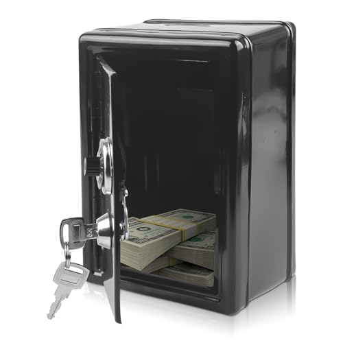 Tirelire coffre-fort mini en métal, tirelire à 2 clés H: 18 cm x L: 12 cm x l: 9,5 cm, boîte d’épargne pour monnaies, noir