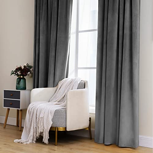 Image of MIULEE Grey Velvet Curtains 52x72 inches 2 Panels Luxury Blackout Curtains | Thermal Insulated, Super Soft Window Drapes for Bedroom Living Room, Rod Pocket & Back Tab