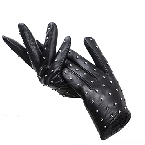 Preisvergleich Produktbild KMMBBTY Nieten Damen Lederhandschuhe Dünnes warmes Futter Damen Winterhandschuhe Motorradfahrerhandschuhe Black Xl