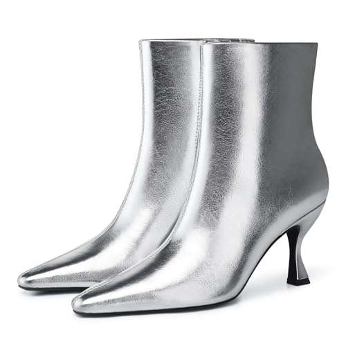Womens Kitten Heel Booties: 3.5 In High Heel, Pointed Toe Sexy Ankle Boots, Fall Trendy Side Zipper Short Boots for Formal, Night, Party, Everyday