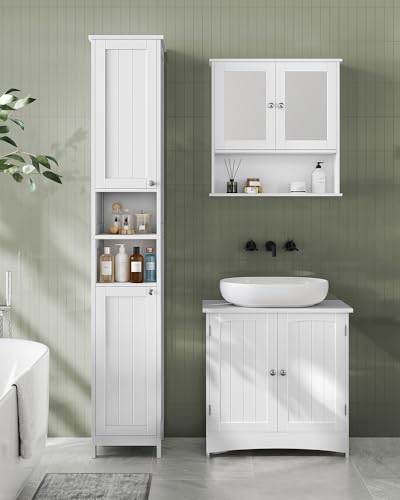 Image of VASAGLE Tall Storage Cabinet with Lights, Slim Freestanding Cabinet with Adjustable Shelves, for Small Spaces, Bathroom, Living Room, Modern, 11.8 Inches Wide, Cloud White UBBC566W02V1