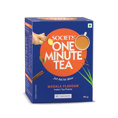 Image of Society One Minute Tea | Masala Flavour | Made with Ginger, Clove, Black Pepper, Cinnamon | Masala Chai | Flavoured Instant Tea | 14g X 10 Sachets (140g) | Pack of 1