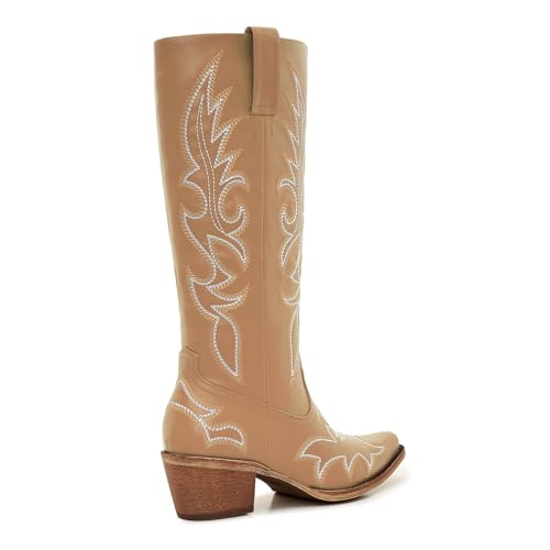 Image of Uillnoodu Women's Turquoise Cowgirl Boots - Wide Calf Mid Calf Western Boots Plus Size Embroidered Cowboy Style with Block Heel