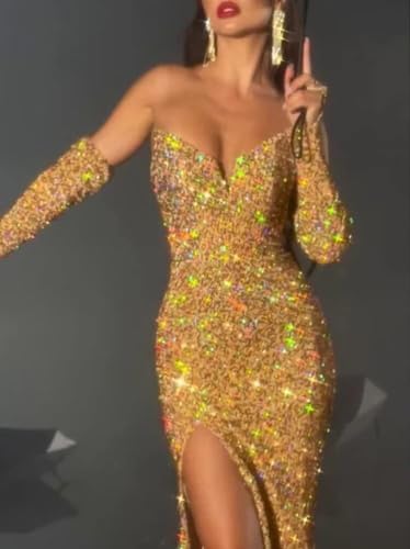 Sequin Prom Dresses Sleeves Ball Dresses V Neck Lone Cocktail Evening Gown with Slit ST72