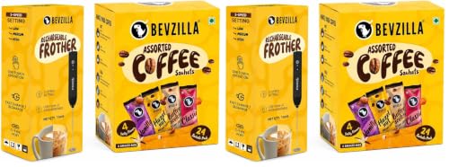 Image of Bevzilla 24 Assorted Coffee & Rechargeable Electric Frother Combo Pack | 3-Speed Setting with Type-C Fast Charging| 6 Pouches Each Flavour | Cafe Coffee Kit | Enjoy Hot & Cold (Pack of 2)