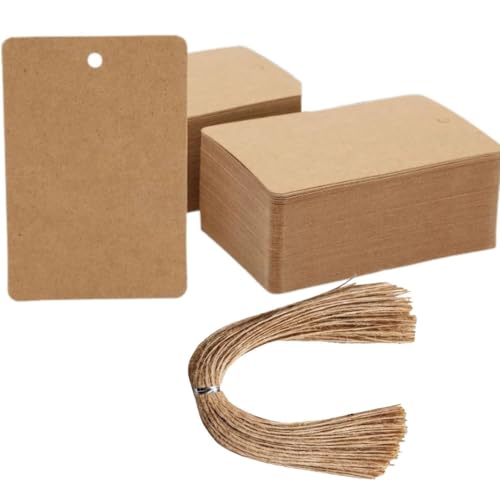 Image of CVANU Brown Kraft Paper Hanging Rectangle Shaped Tags (200pcs) with Jute Twine for Wedding| Write Blessings| Thanksgiving| Gift Decor (3.5inch X2.3inch)