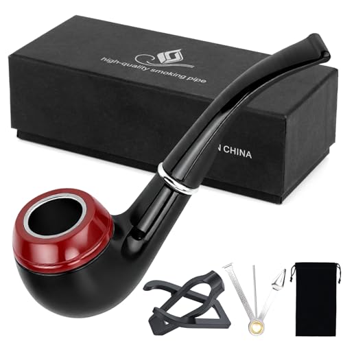Hysagtek Smoking Pipes - Wood Tobacco Pipe Handmade Smoking Pipe Set with Foldable Pipe Stand & Gift Box Perfect for Beginner Husband Father Grandfather