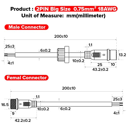 BTF-LIGHTING 2 Pin Electrical Connector 18AWG IP65 Male Female Connector 7.87in/20cm Extension Cable for Car,Truck,Boat,Indoor/Outdoor LED Strip Lights/String 22mm Nut Big Size 5 Pairs