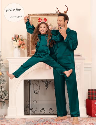 SWOMOG Matching Family Pajamas Set Women & Men & Kids Silk Satin Pjs 2 Pcs Long Sleeve Button Down Sleepwear with 2 Pockets3