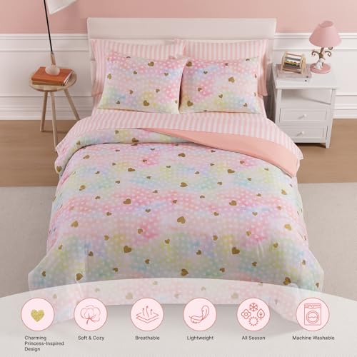 Full Size Comforter Sets with Sheets for Girls-7 Pieces Full Size Bedding Sets with Pink Comforter, Sheets, Pillowcases & Shams for Kids (Colorful Gold Heart, 76" X 86")
