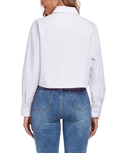 Women's Button Down Shirt Cropped Oversize Boyfriend Long Sleeve Collared Crop Loose Blouses with Pocket4