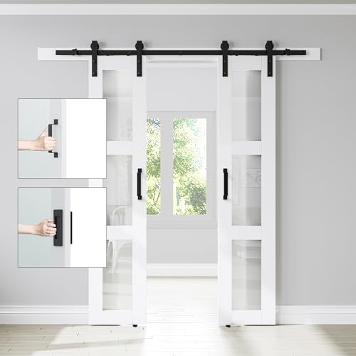 COSHOMER Double 18 x 84in 3-Panel Sliding Barn Door with Frosted Glass and 6.6FT Hardware Kit - Waterproof, Easy Assembly, Pre-Drilled Holes - Suitable for Openings up to 34in x 82in, White