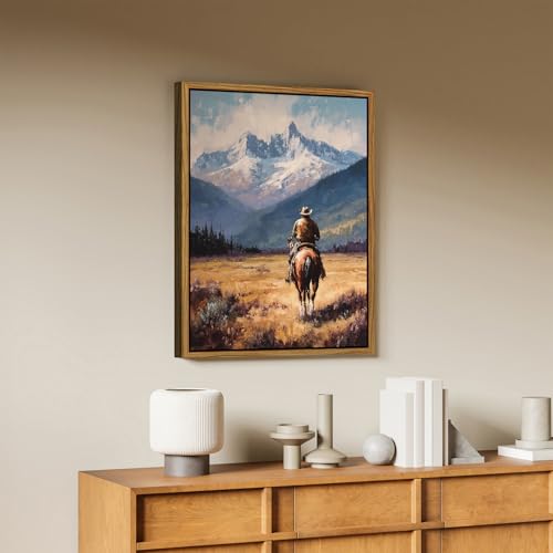 Image of Western Wall Art Vintage Cowboy Framed Canvas Prints Western Home Decor | 16x24 inch Rustic Western Horse Rider Artwork for Living Room Bedroom Office Fall Mountain Landscape Painting Country Wall Decor