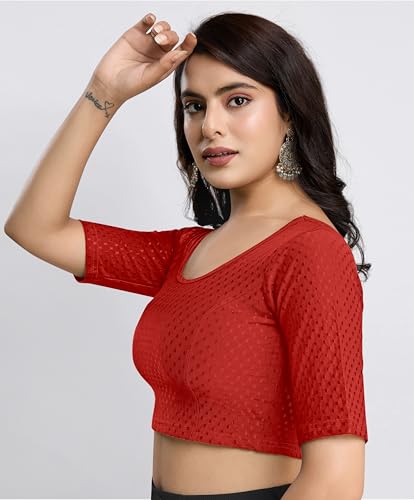 Image of TRENDMALLS Women's Dobby Pure Cotton Elastin Stretchable Readymade Round Neck Elbow Length Sleeves Blouse Choli Stylish Saree Blouse Ready to Wear